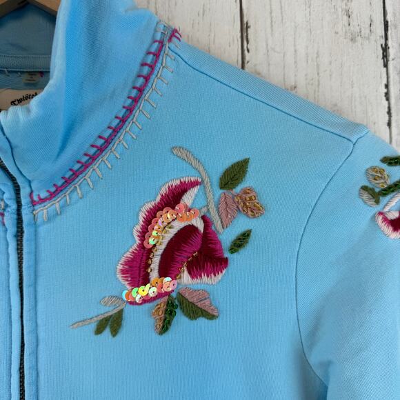 VTG Twisted Heart Blue Y2K Floral Embroidered Sequin Full Zip Jacket Size Medium - Picture 2 of 14